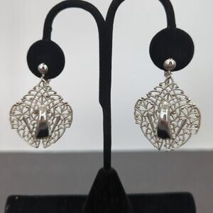 Whimsigoth Silver Filigree Shield Drop Clip On Earrings Coquette Vintage